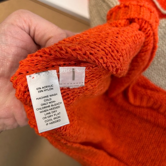 Loft Orange Beige Stripe Women's Sweater Open Weave lace up Neck Women’s Medium - Picture 7 of 8